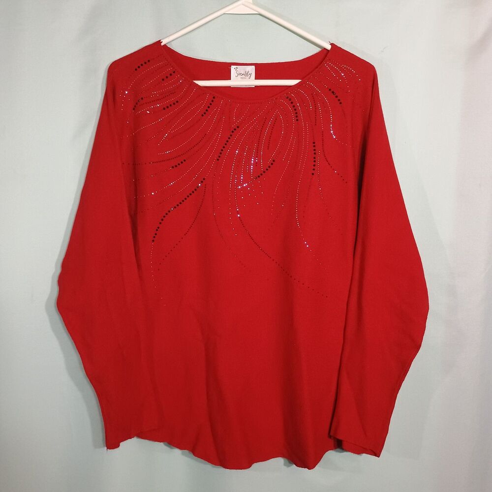 Women’s Red Rhinestone Embellished Long Sleeve Top Swirl Sparkle Dressy Blouse